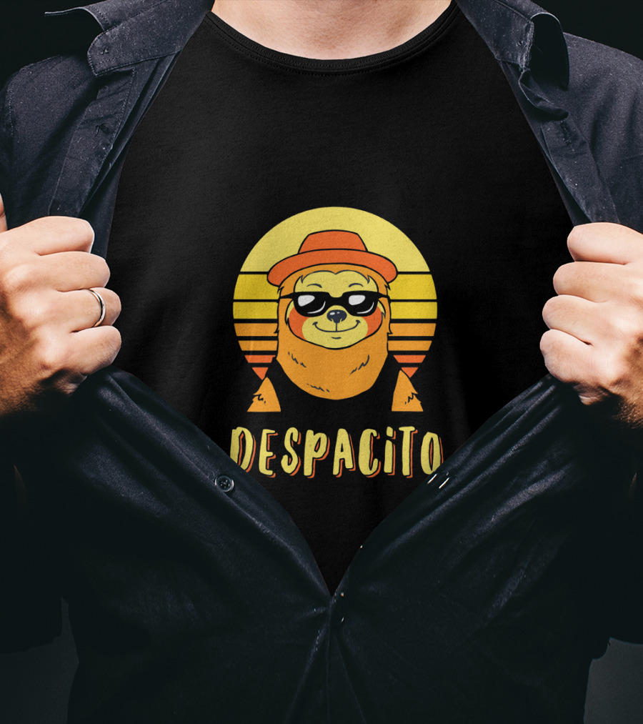 Despacito Sloth Art With Retro Sunset And Stylish Hat T-Shirt