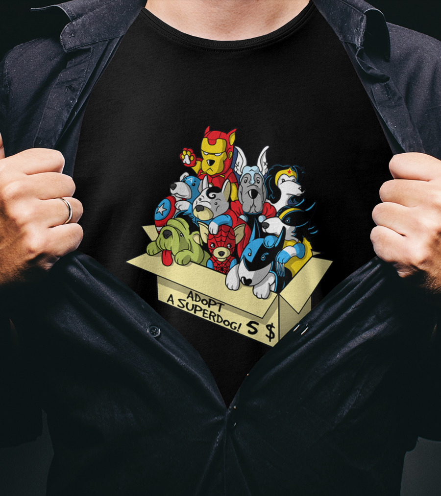 Adopt A Superdog Hero Box With $5 Avengers And Justice League Canine Cosplay T-Shirt