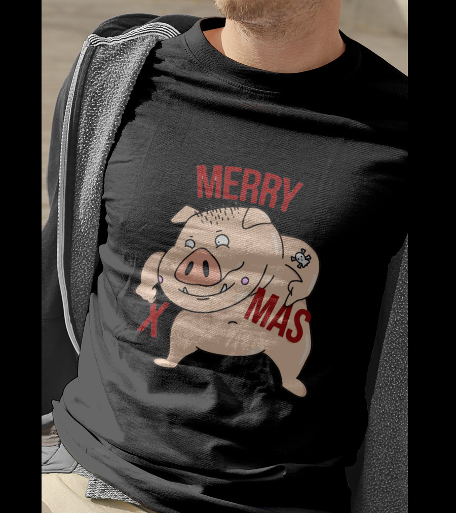 Merry Xmas Pig With Bone Tattoo T-Shirt