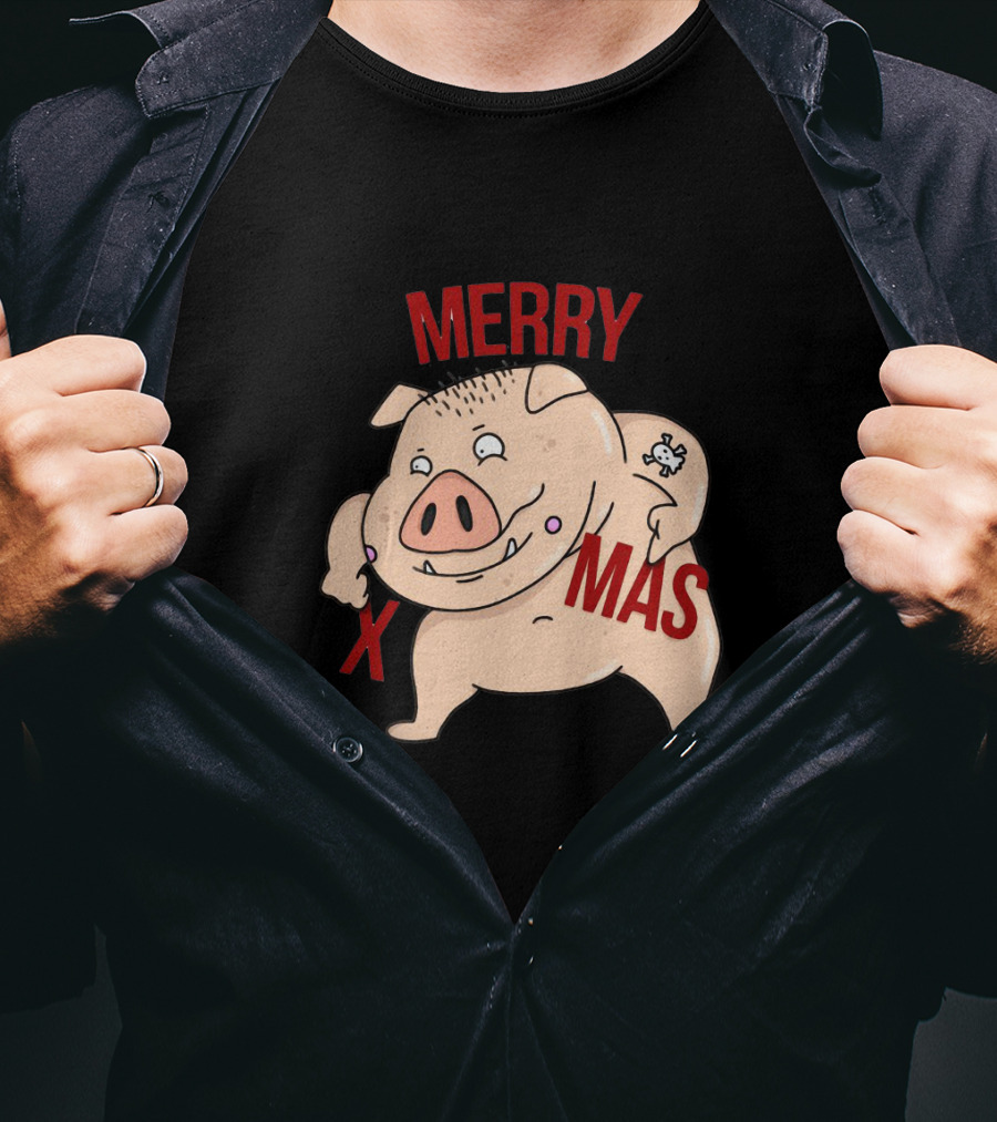 Merry Xmas Pig With Bone Tattoo T-Shirt