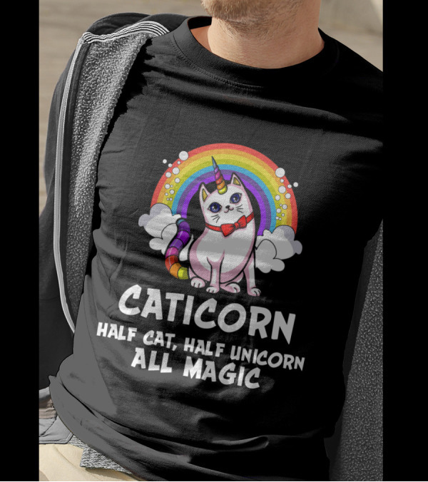 Caticorn Half Cat Half Unicorn All Magic Rainbow Bow Magic T-Shirt