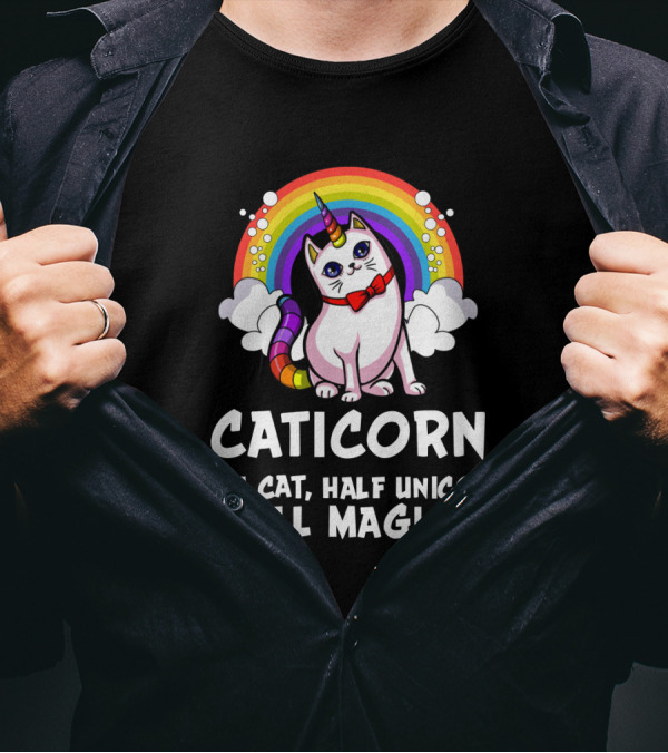 Caticorn Half Cat Half Unicorn All Magic Rainbow Bow Magic T-Shirt