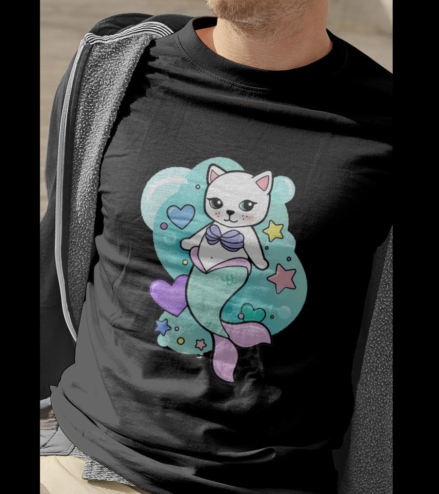 Barbiecore Pretty Purrmaid Pastel Cute Cat Mermaid Bubbles Hearts Stars T-Shirt