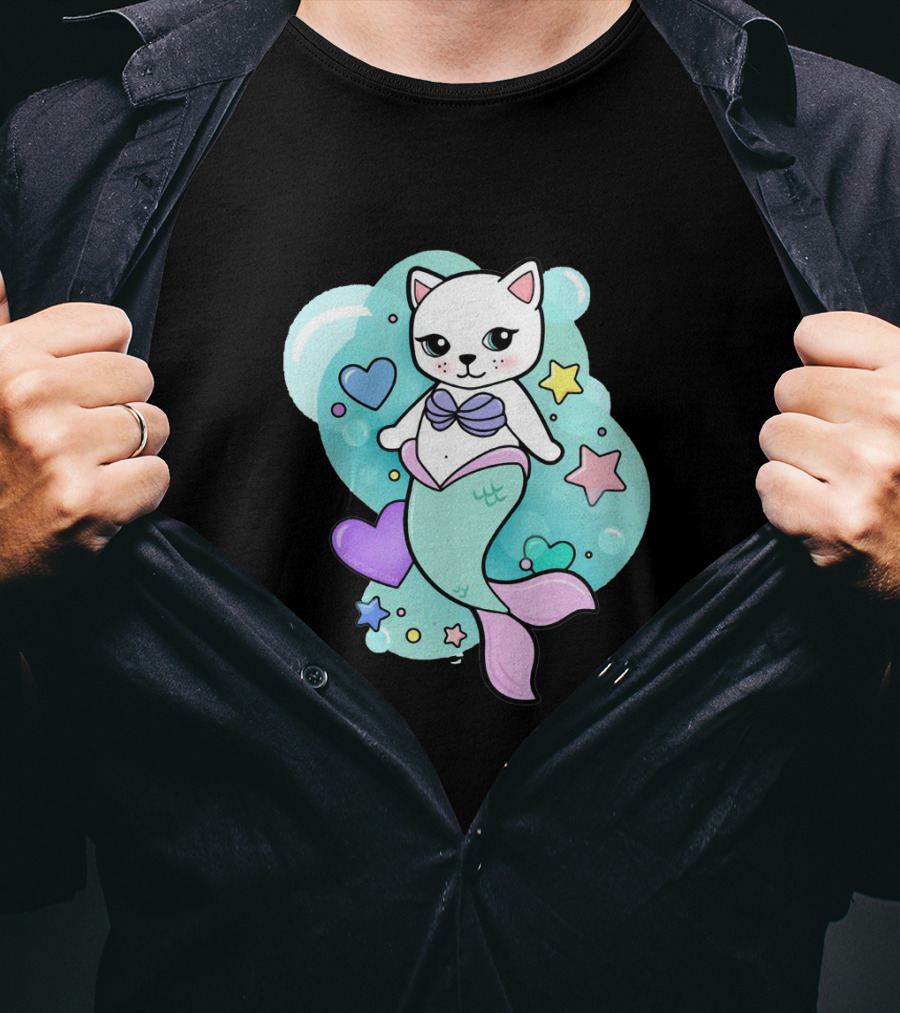 Barbiecore Pretty Purrmaid Pastel Cute Cat Mermaid Bubbles Hearts Stars T-Shirt