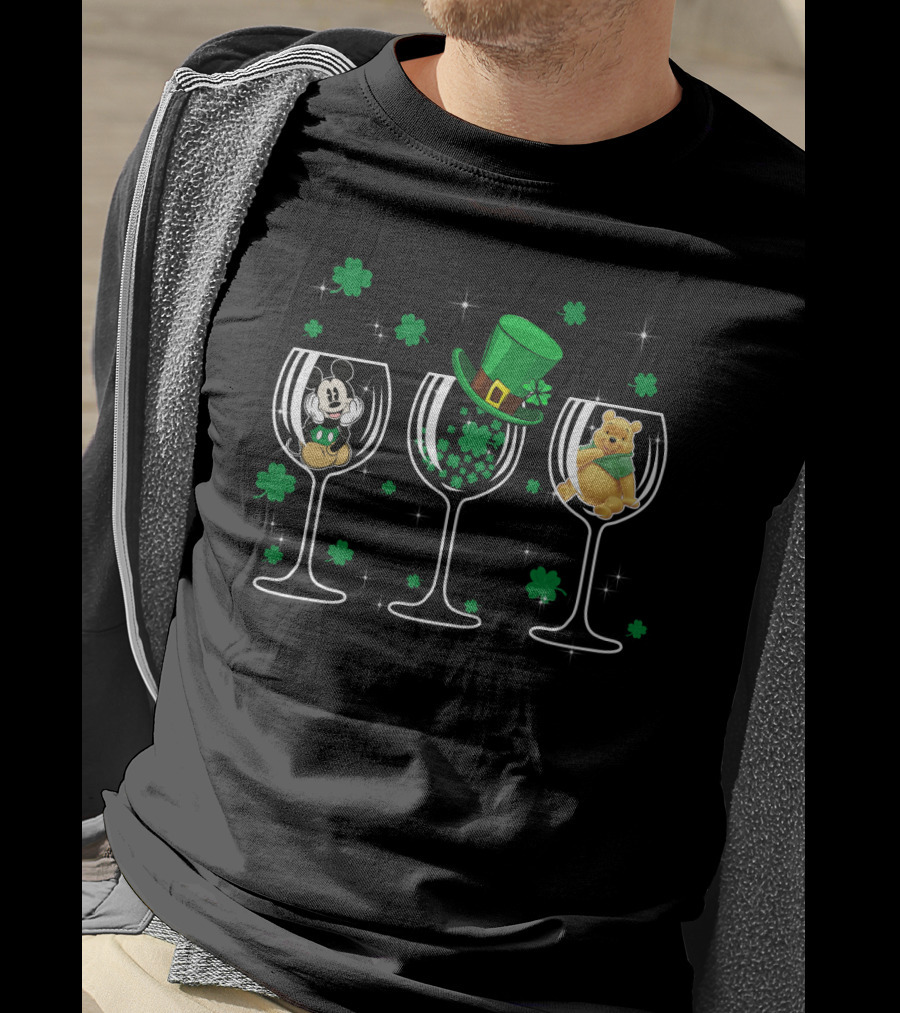Mickey Patrick Pooh St. Patrick’s Day Wine Glass Trio T-Shirt