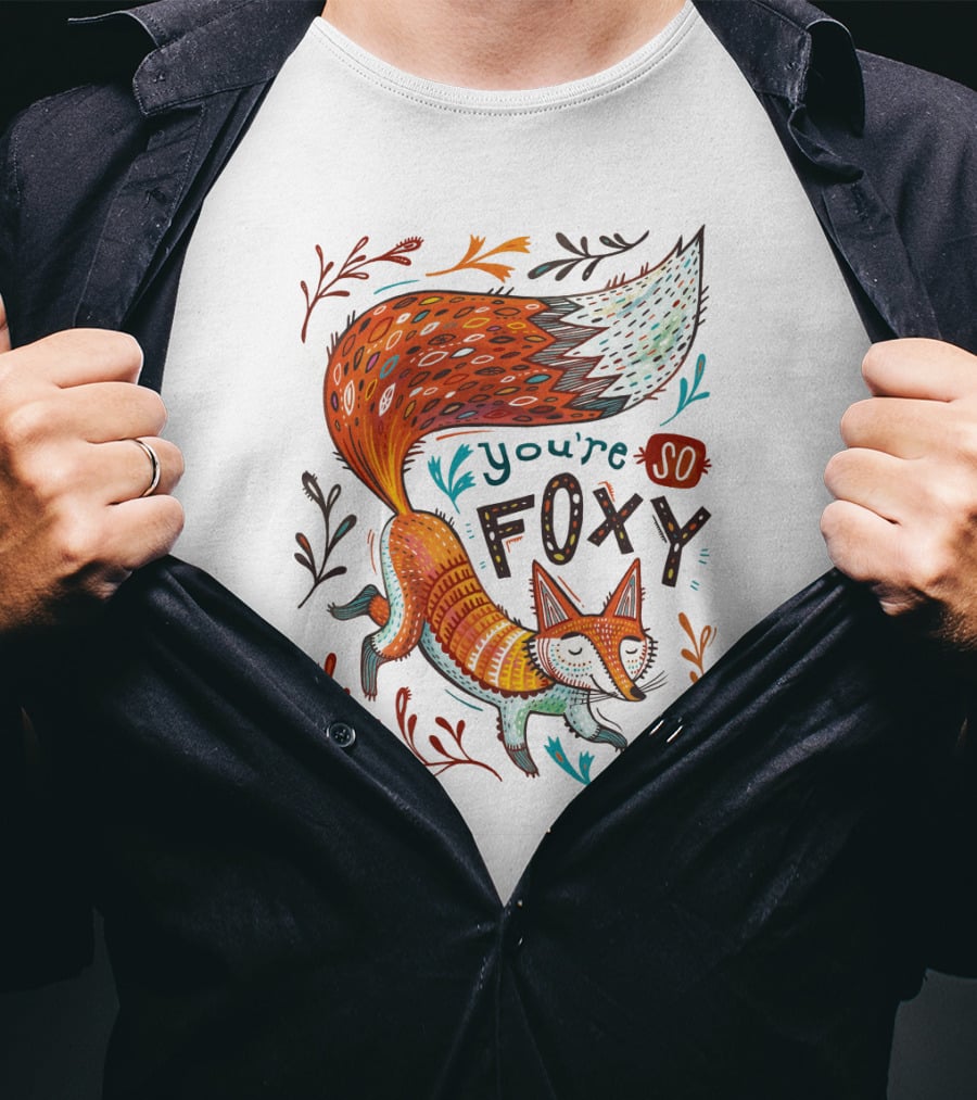 You're So Foxy Fox Design With Colorful Tail And Floral Accents T-Shirt