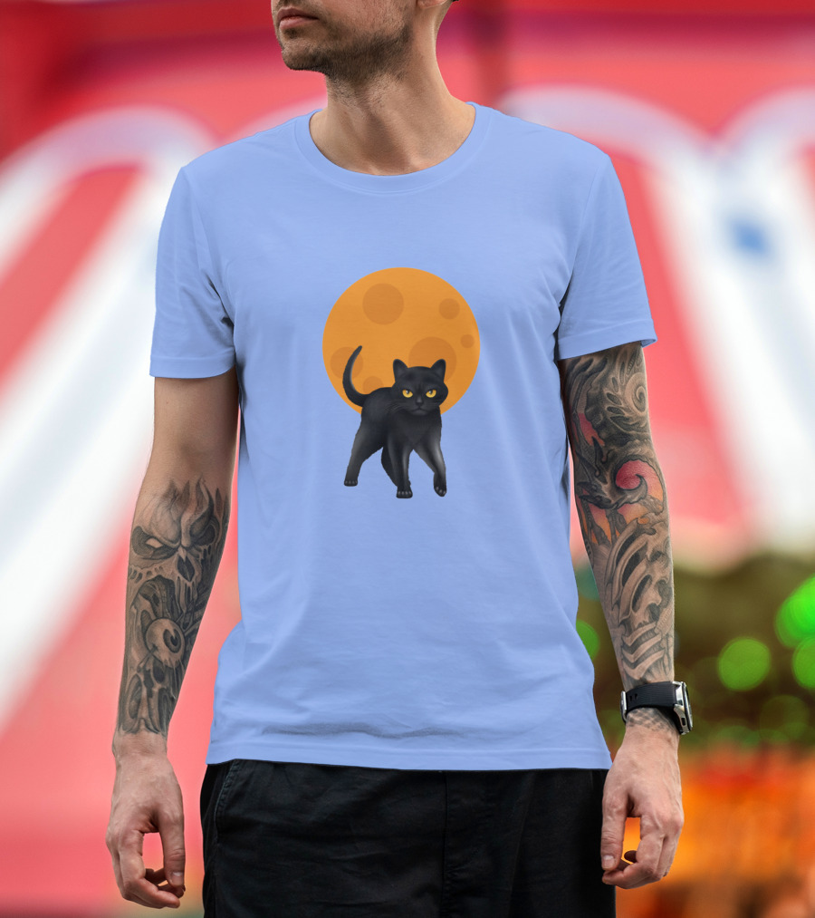 Scary Halloween Black Cat with Full Moon Backdrop T-Shirt