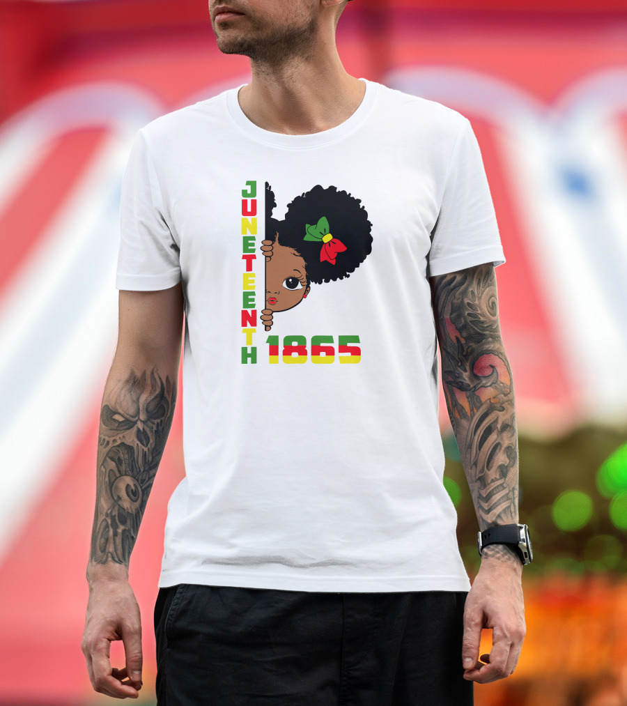 Juneteenth 1865 Celebrating Freedom with Little Girl in Red Green Yellow Bow Afro T-Shirt