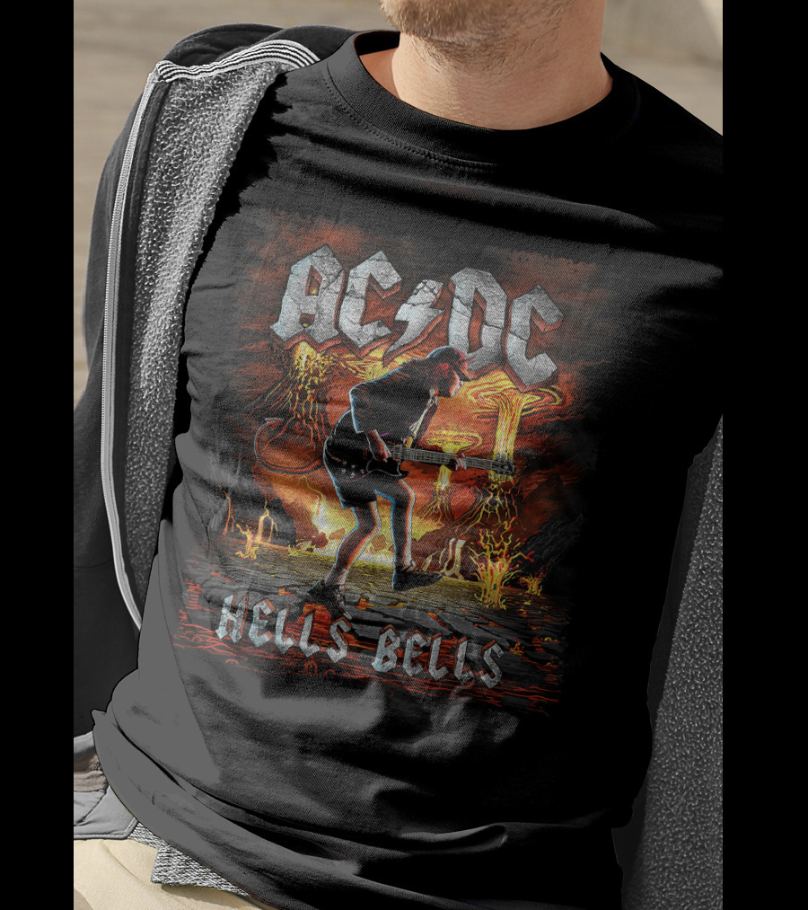 AC/DC Hells Bells Guitarist With Volcanic Eruption Background T-Shirt