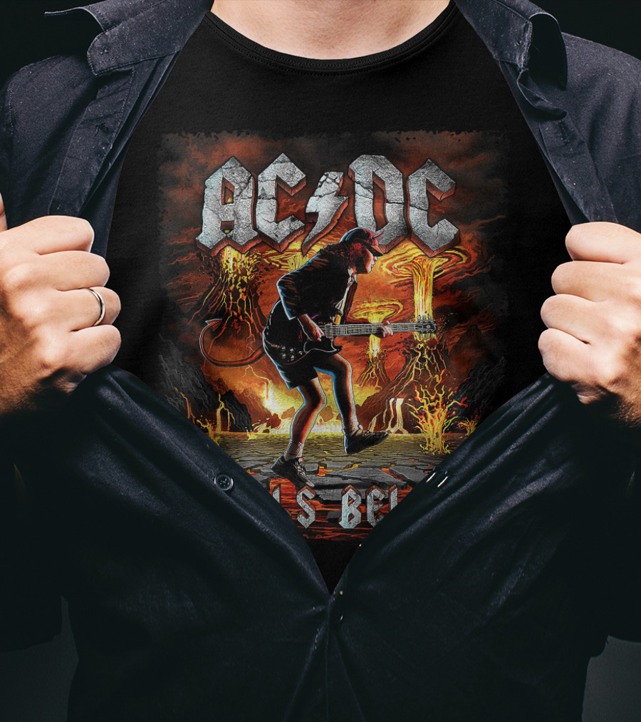 AC/DC Hells Bells Guitarist With Volcanic Eruption Background T-Shirt