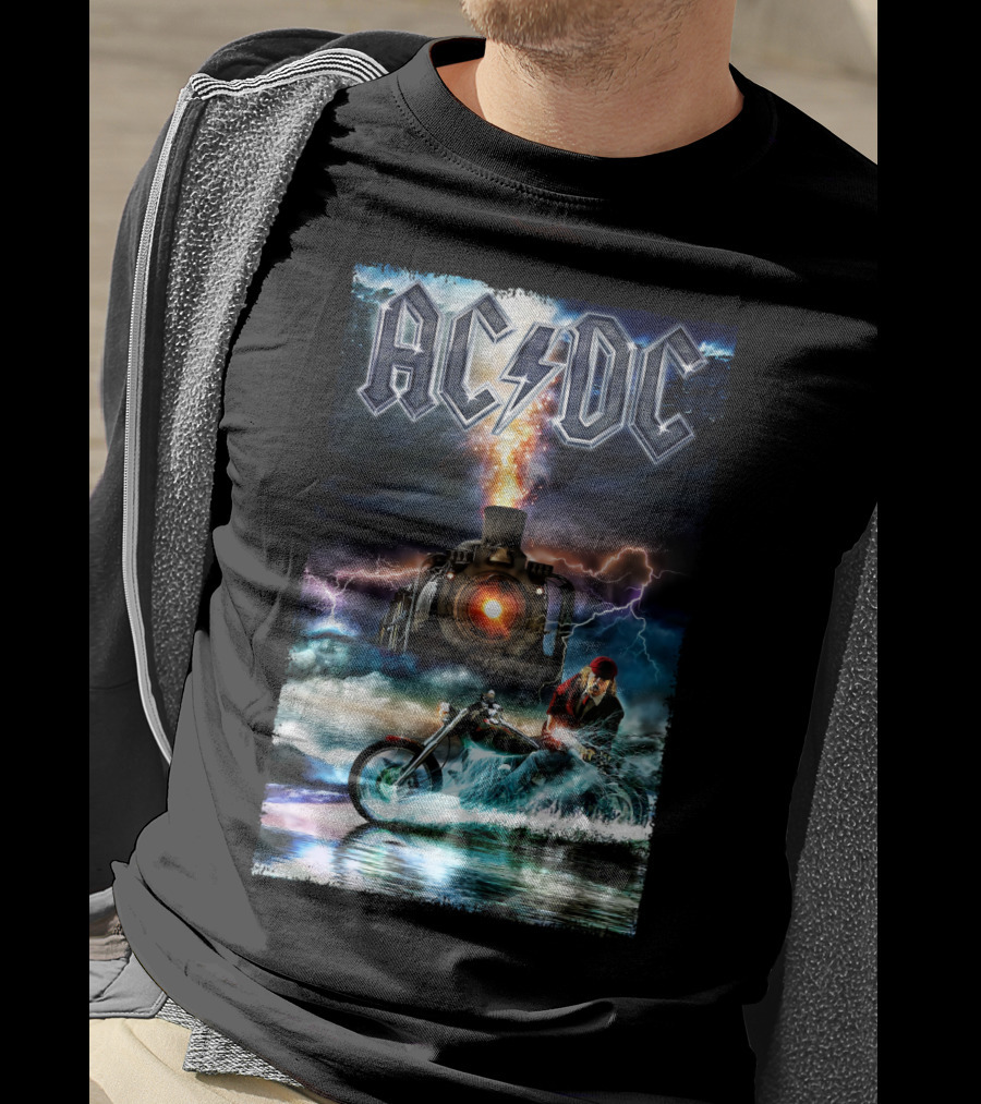 AC/DC Rock And Roll Train With Lightning And Motorbike Scene T-Shirt