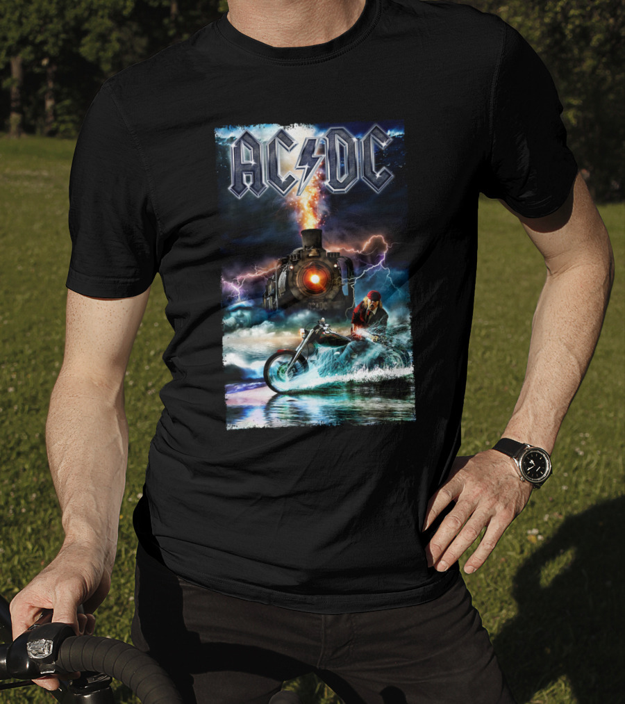 AC/DC Rock And Roll Train With Lightning And Motorbike Scene T-Shirt