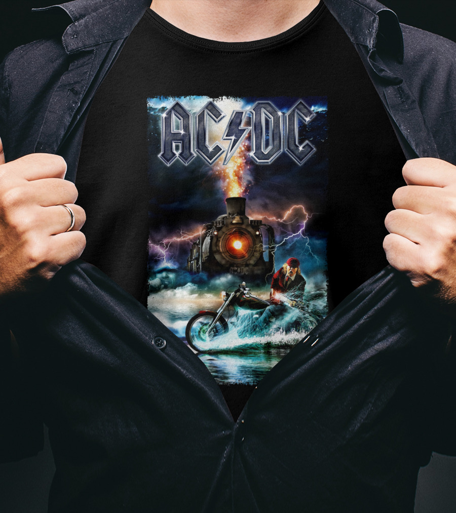 AC/DC Rock And Roll Train With Lightning And Motorbike Scene T-Shirt