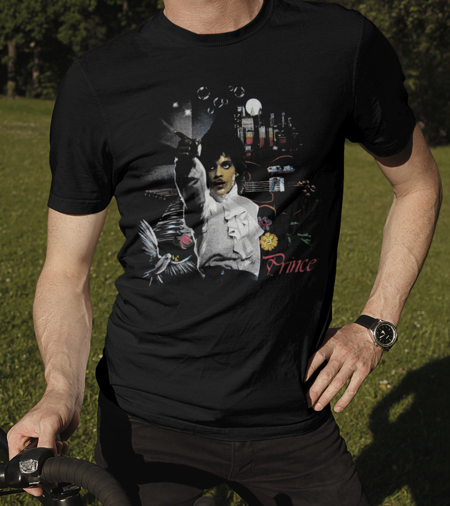 Prince Retro Iconic 1980s Music Legend With Guitar And City Skyline T-Shirt
