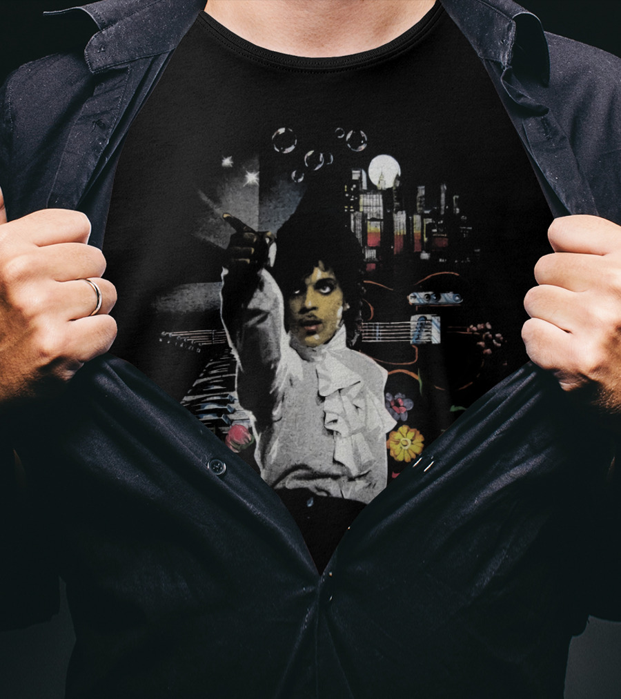 Prince Retro Iconic 1980s Music Legend With Guitar And City Skyline T-Shirt