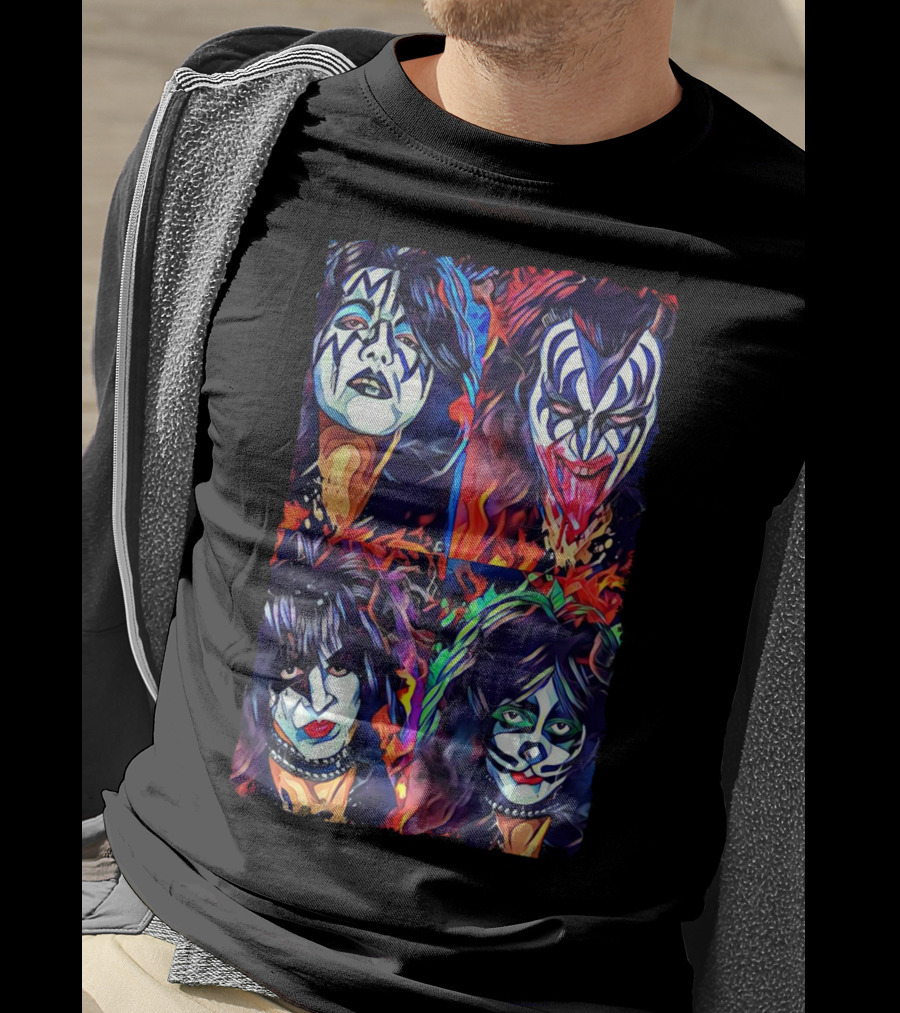 Kiss Band Iconic Face Paint Portraits Fiery Background T-Shirt