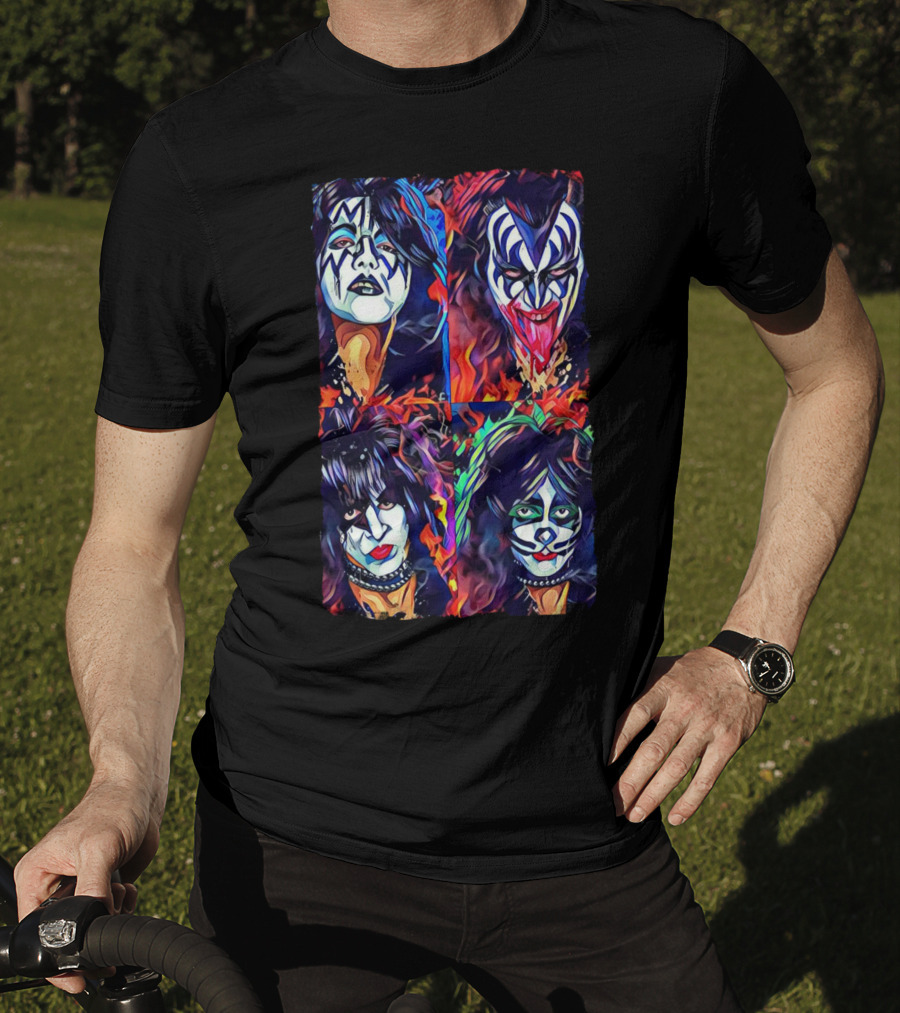 Kiss Band Iconic Face Paint Portraits Fiery Background T-Shirt
