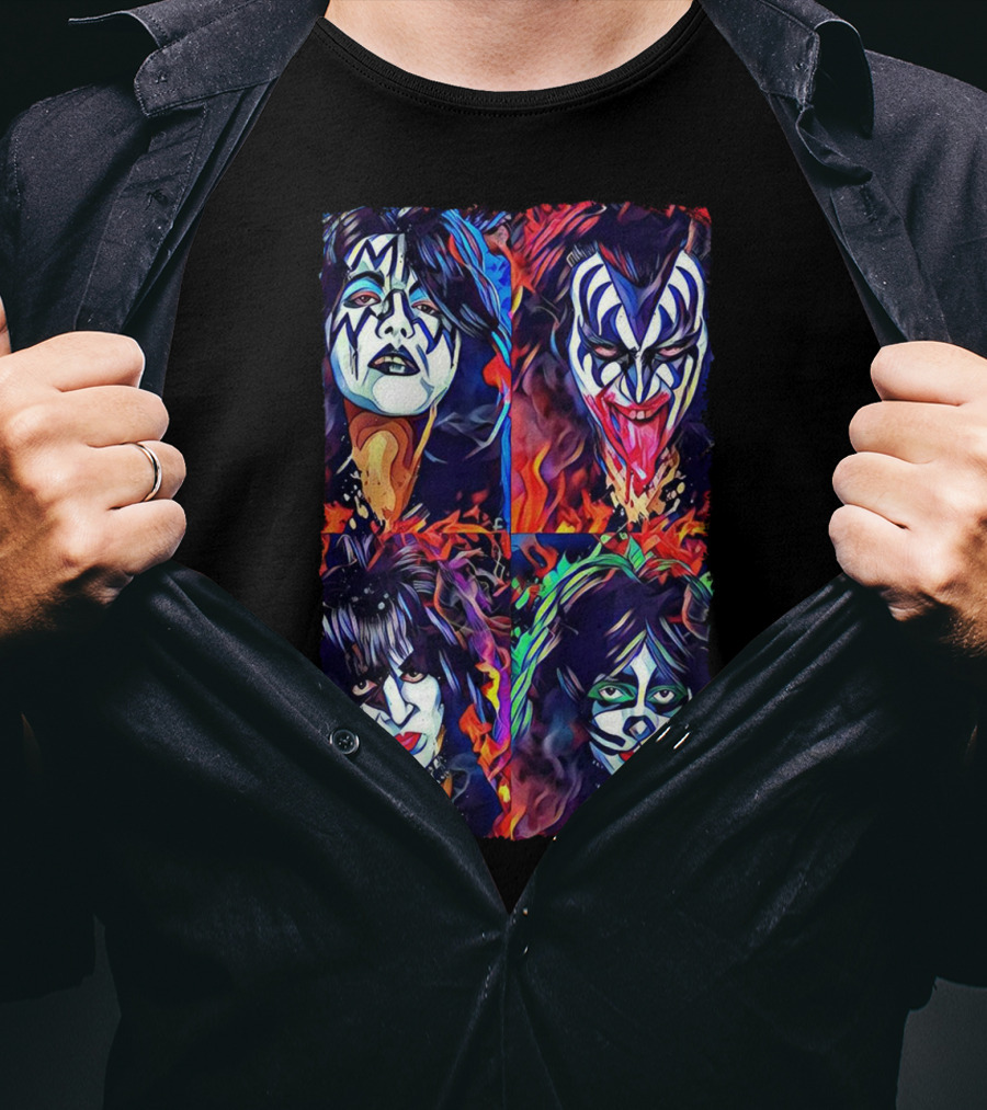 Kiss Band Iconic Face Paint Portraits Fiery Background T-Shirt