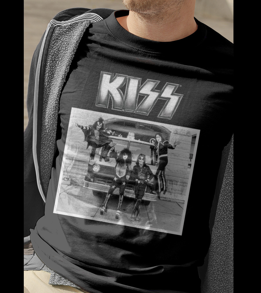 KISS Band On Cadillac With Logo Black And White Photograph T-Shirt