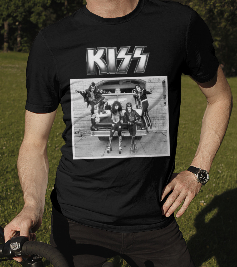 KISS Band On Cadillac With Logo Black And White Photograph T-Shirt