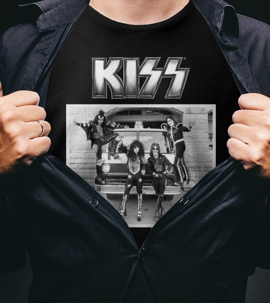KISS Band On Cadillac With Logo Black And White Photograph T-Shirt