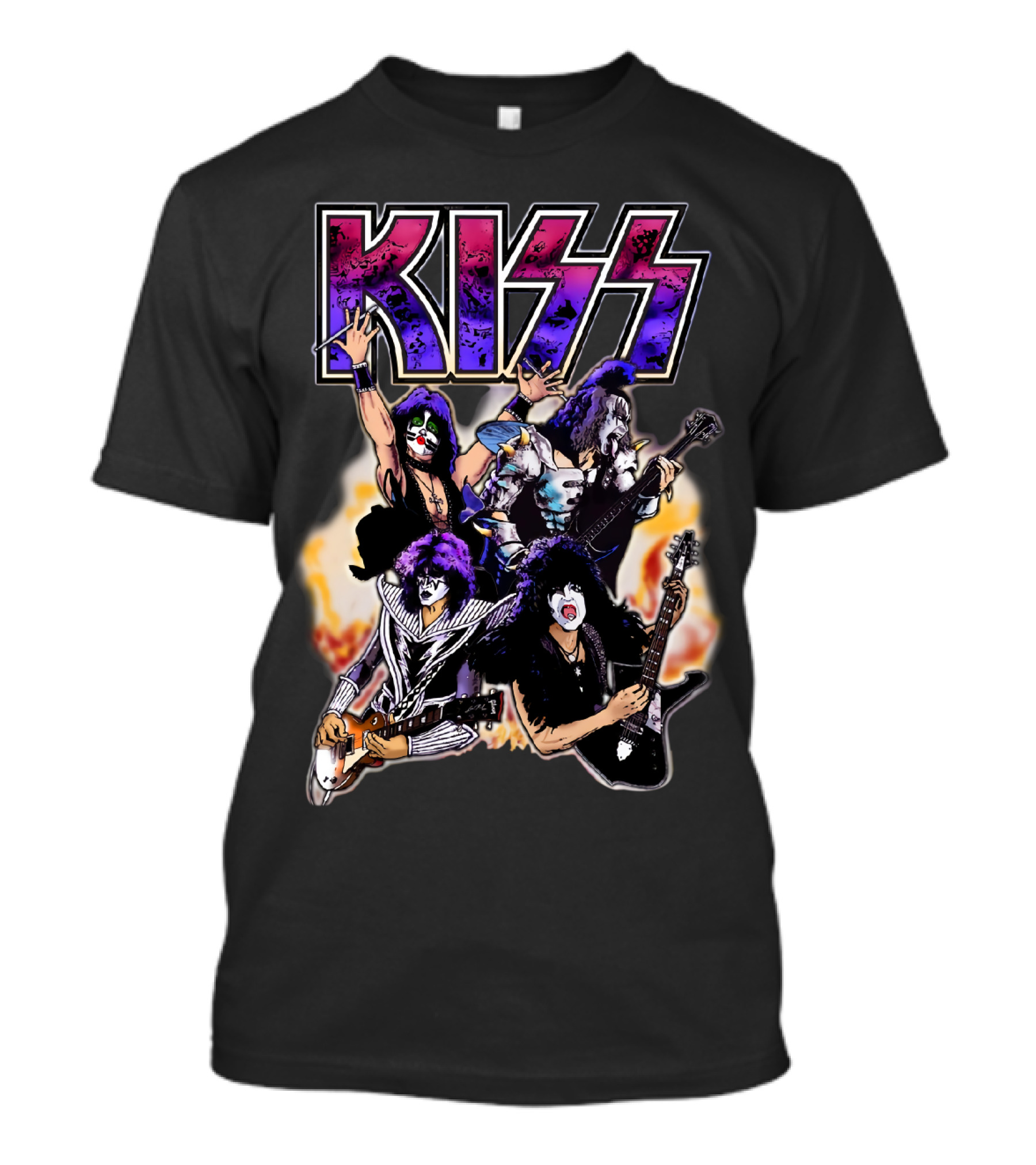 KISS Band Cartoon Graphic With Fire Background T-Shirt