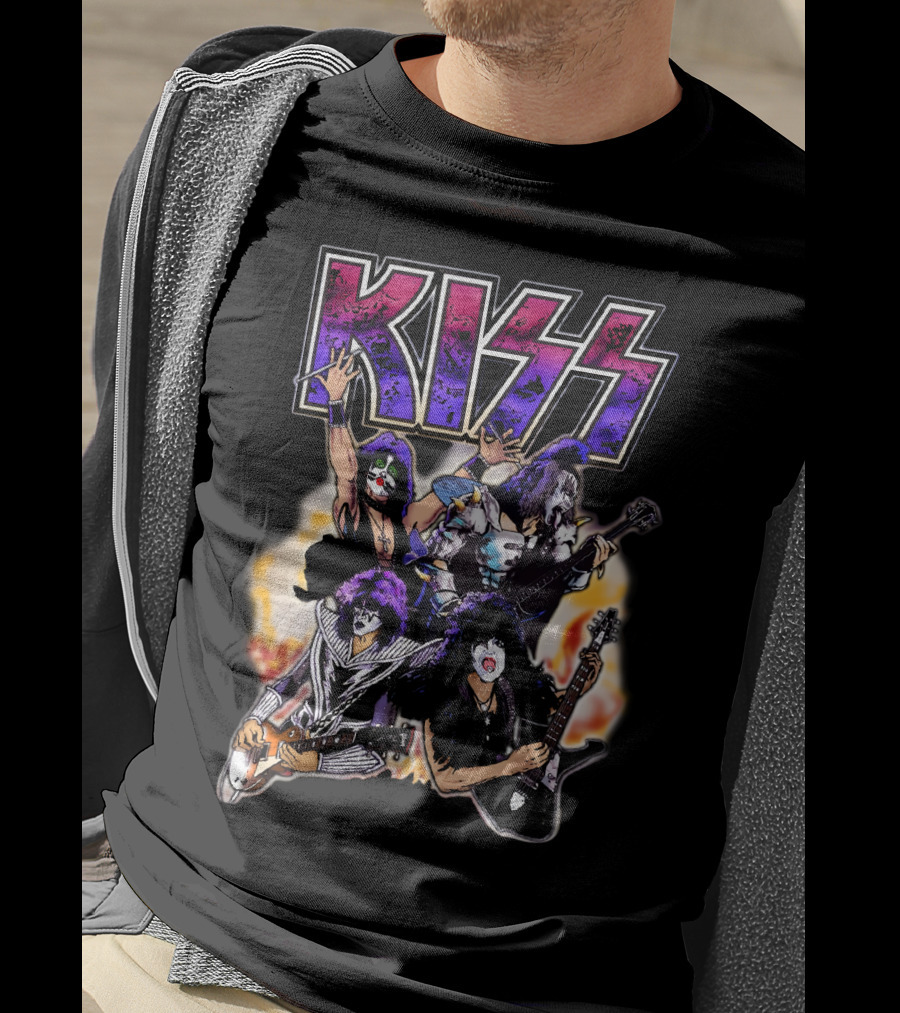KISS Band Cartoon Graphic With Fire Background T-Shirt