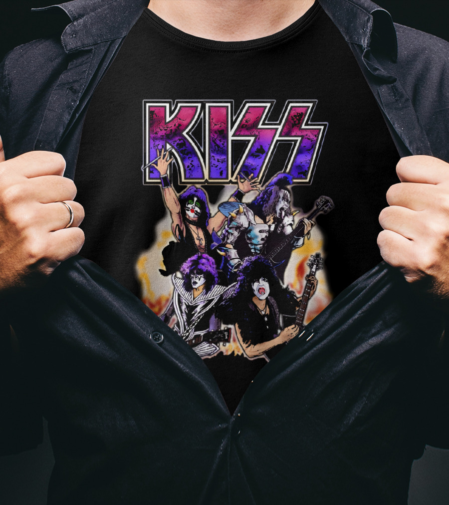 KISS Band Cartoon Graphic With Fire Background T-Shirt