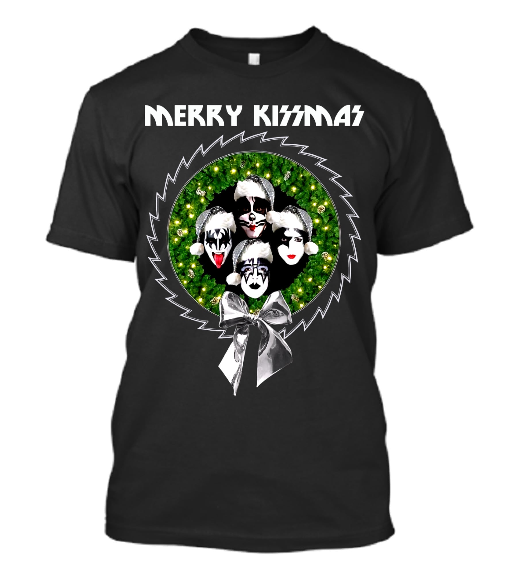 Merry Kissmas With Iconic Rock Band Faces In Festive Santa Hats Wreath T-Shirt