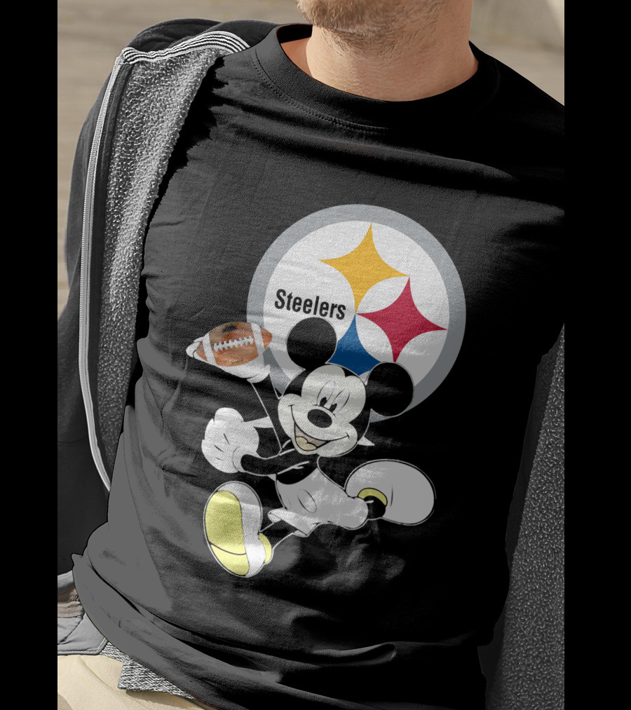 Mickey Mouse With Steelers Logo And Football T-Shirt