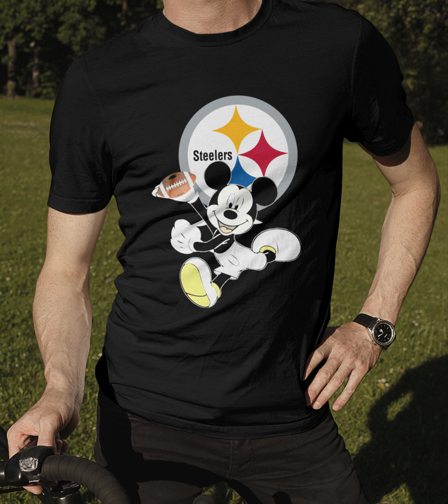 Mickey Mouse With Steelers Logo And Football T-Shirt