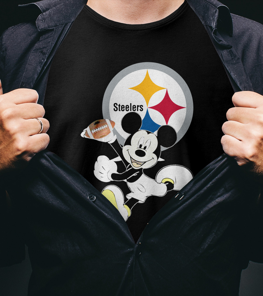 Mickey Mouse With Steelers Logo And Football T-Shirt