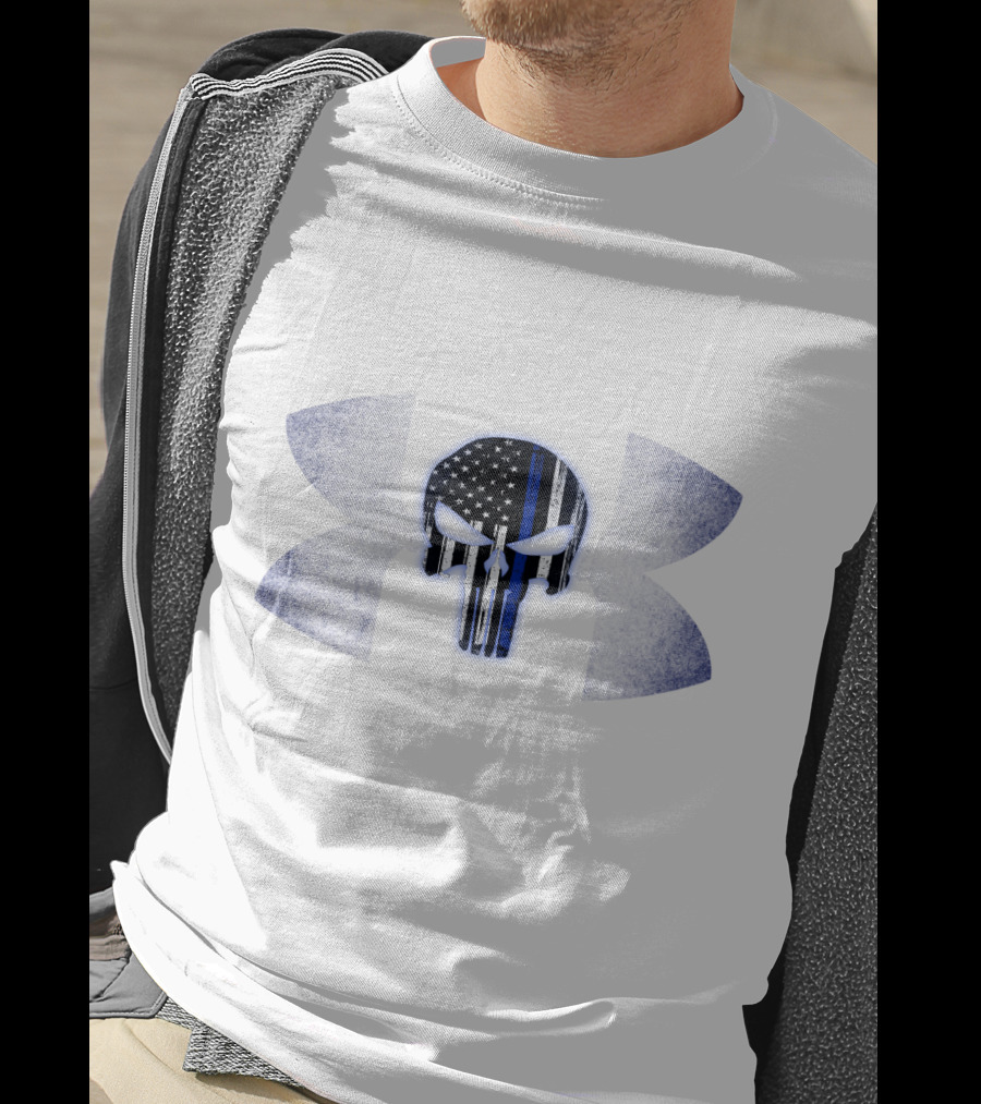 Punisher Skull Thin Blue Line Under Armour Logo American Flag T-Shirt