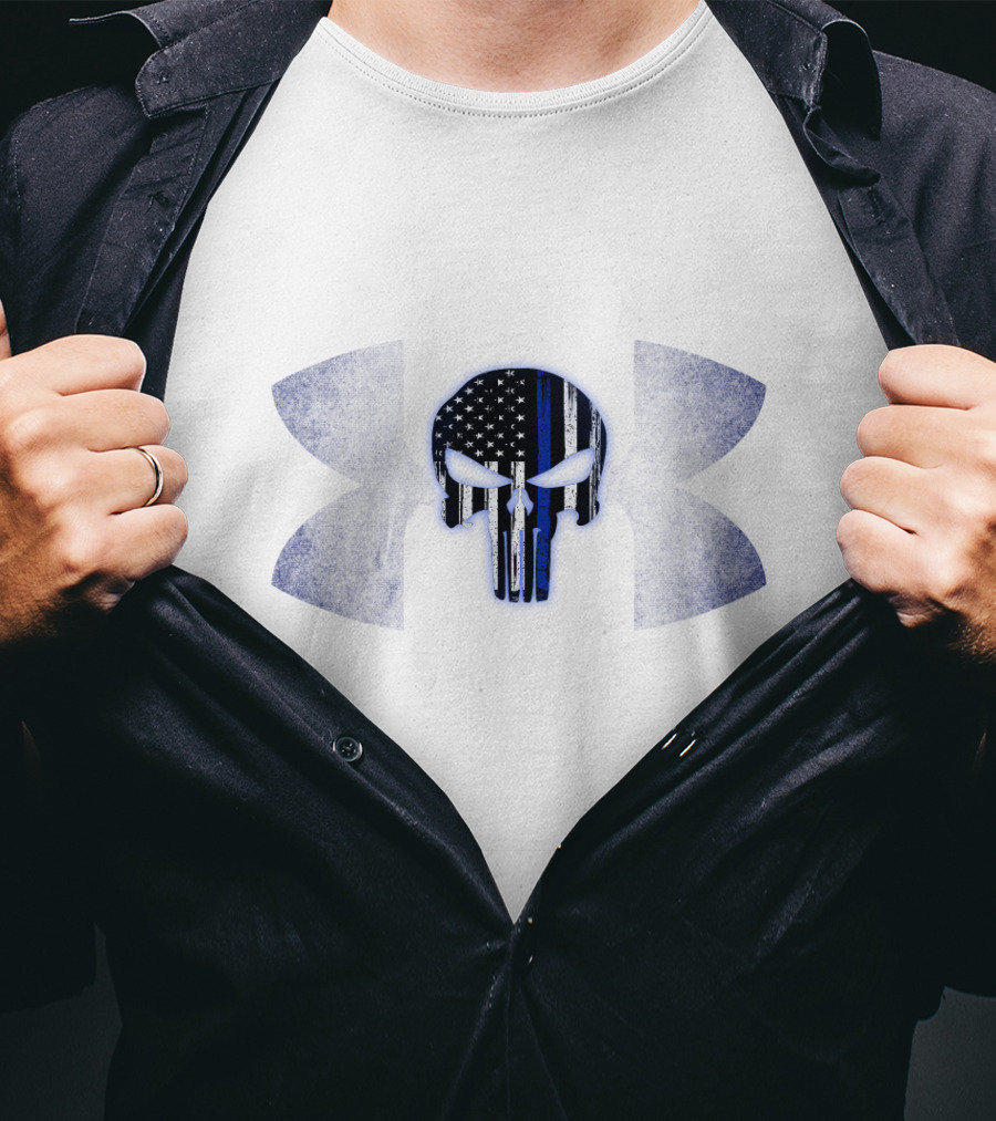 Punisher Skull Thin Blue Line Under Armour Logo American Flag T-Shirt