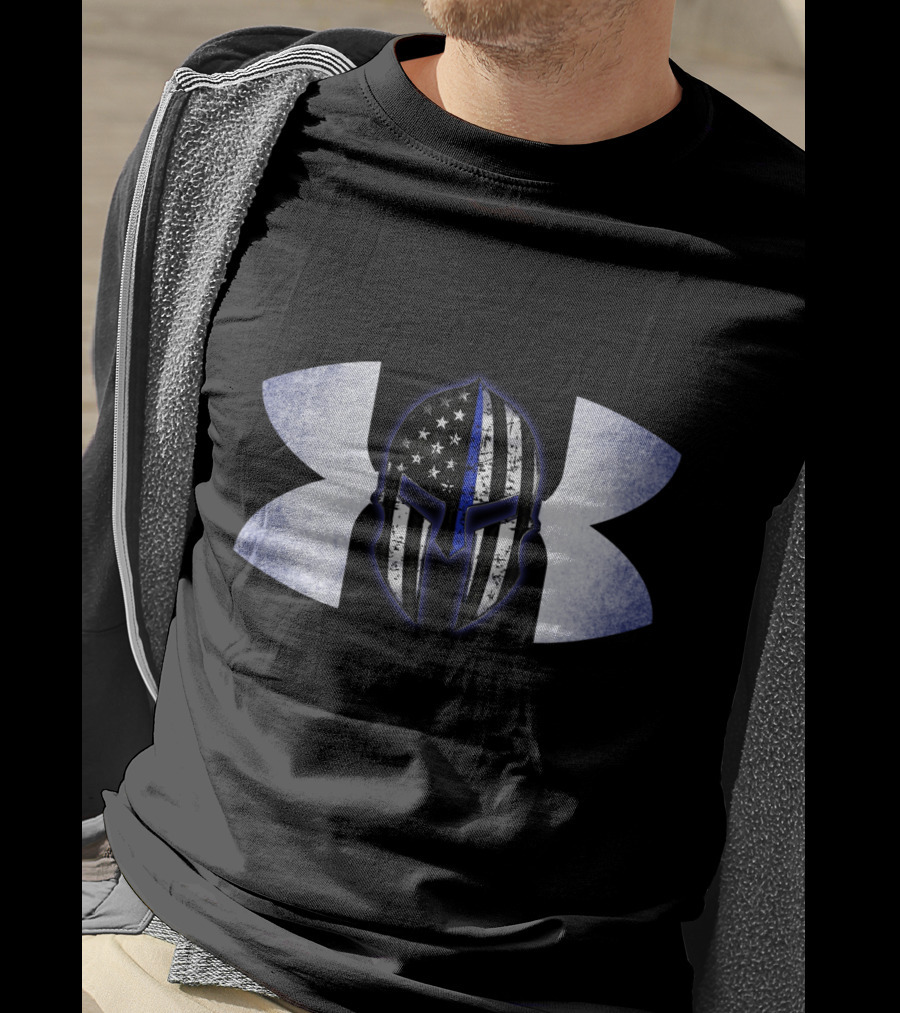 Thin Blue Line Spartan Helmet With American Flag And Tactical T-Shirt