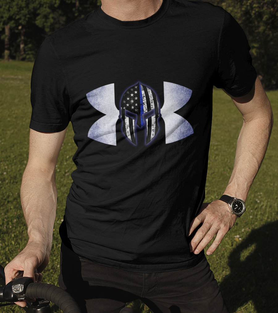 Thin Blue Line Spartan Helmet With American Flag And Tactical T-Shirt