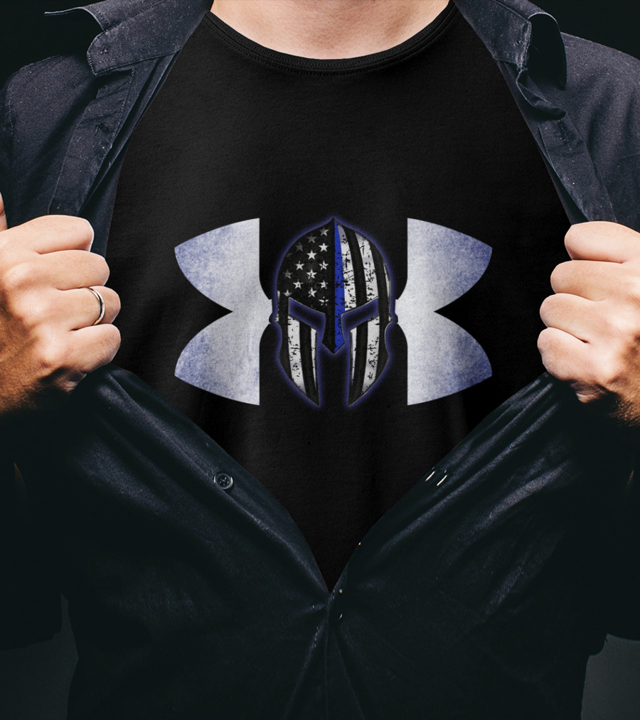 Thin Blue Line Spartan Helmet With American Flag And Tactical T-Shirt