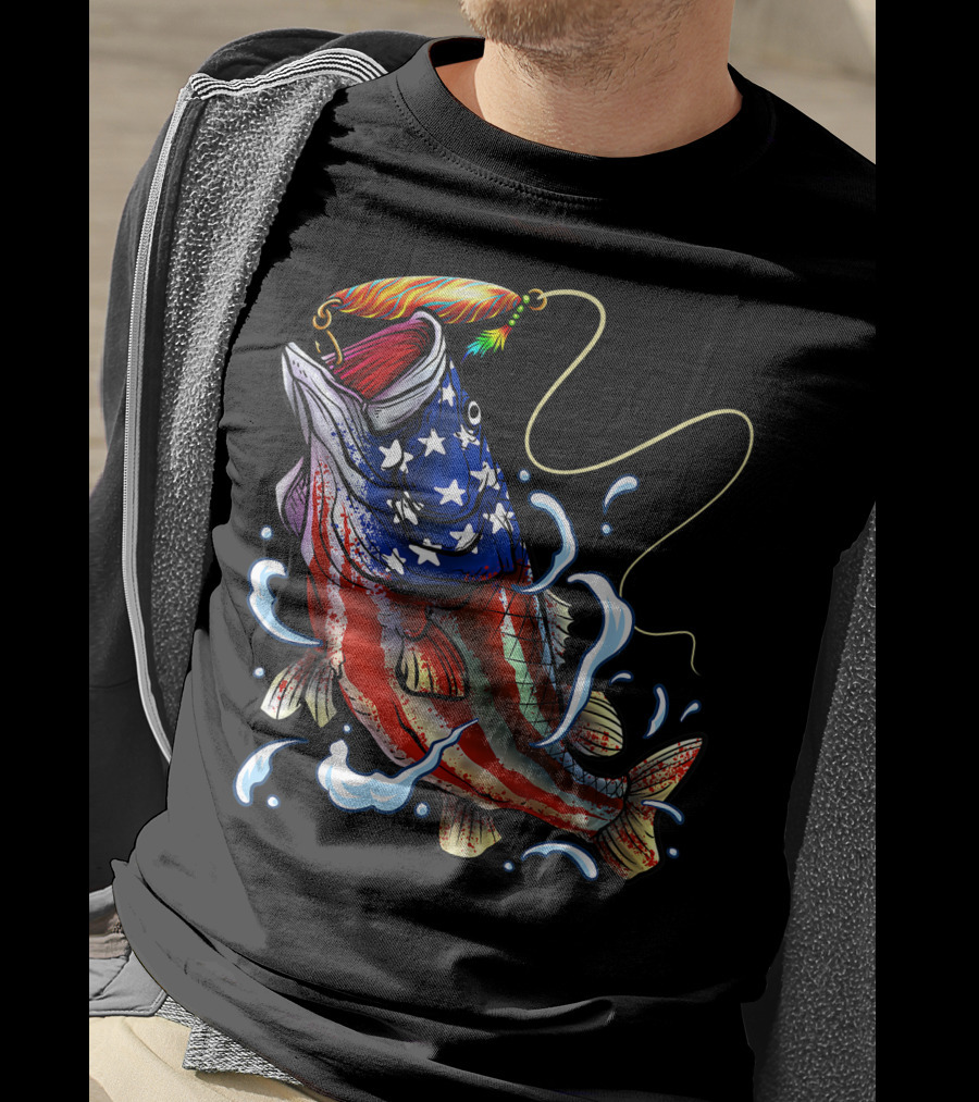 American Flag Bass Fishing Angler Dad Fish T-Shirt