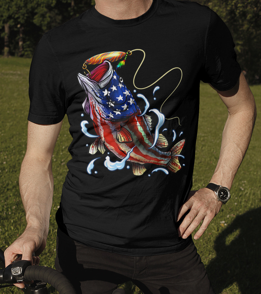 American Flag Bass Fishing Angler Dad Fish T-Shirt