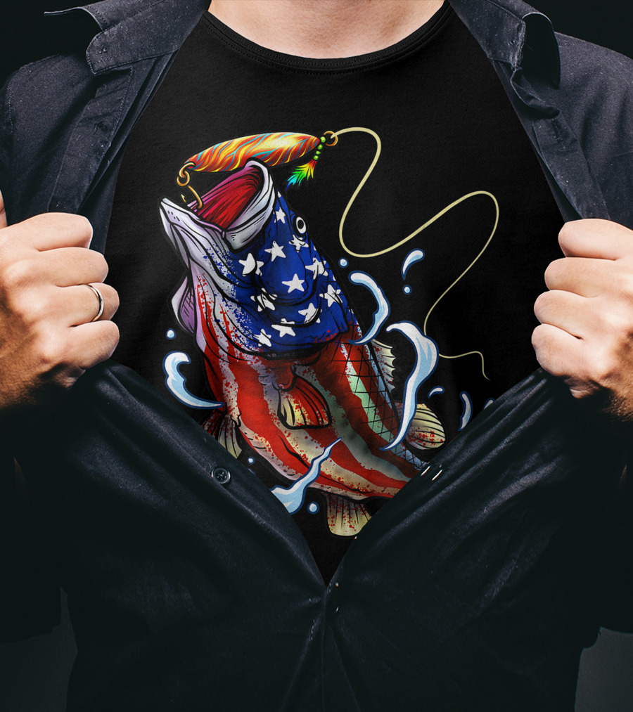 American Flag Bass Fishing Angler Dad Fish T-Shirt