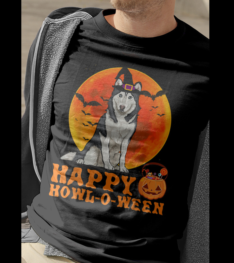 Halloween Siberian Husky Dog Happy Howl-O-Ween Pumpkin Moon Bats T-Shirt