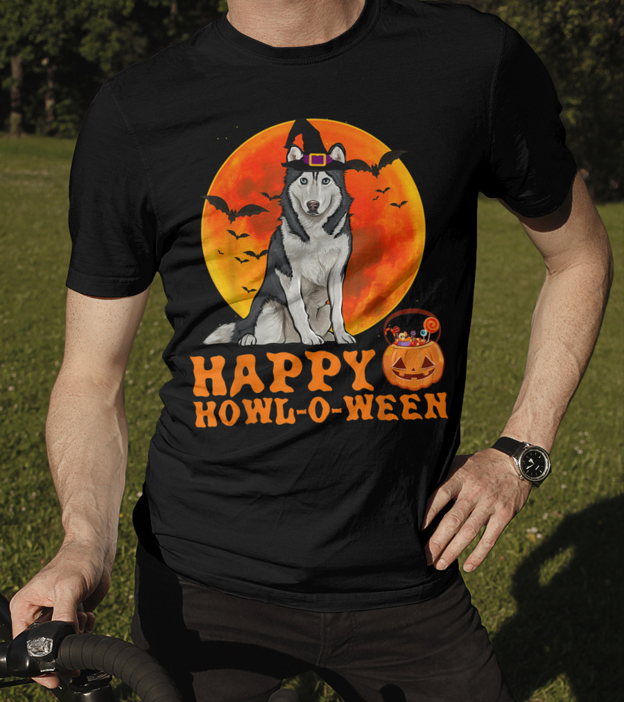 Halloween Siberian Husky Dog Happy Howl-O-Ween Pumpkin Moon Bats T-Shirt