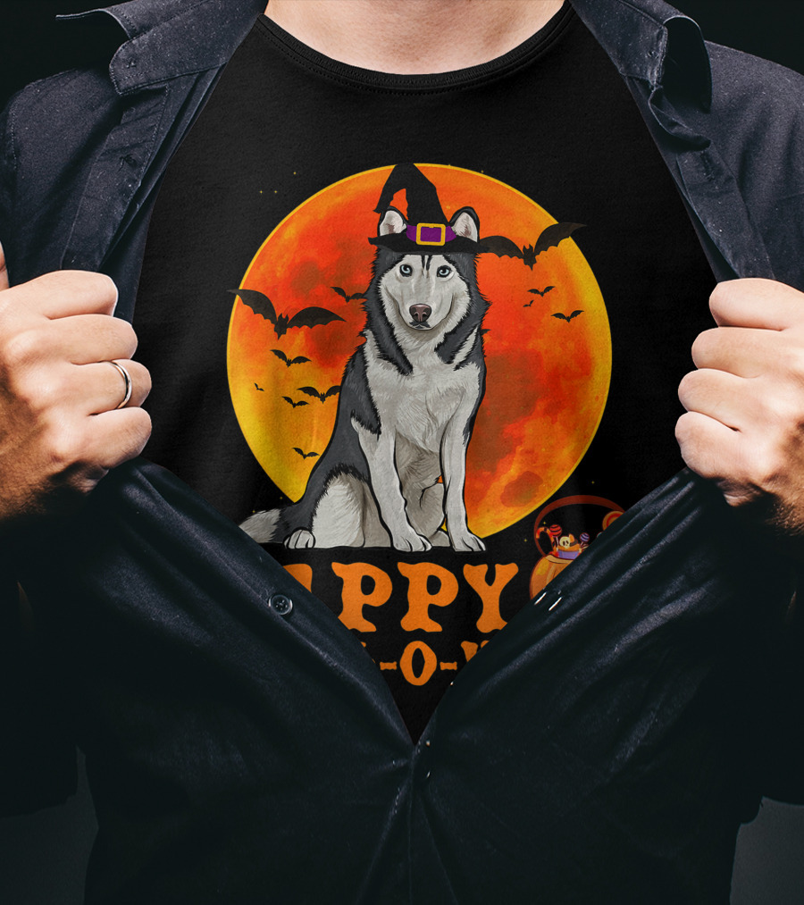 Halloween Siberian Husky Dog Happy Howl-O-Ween Pumpkin Moon Bats T-Shirt