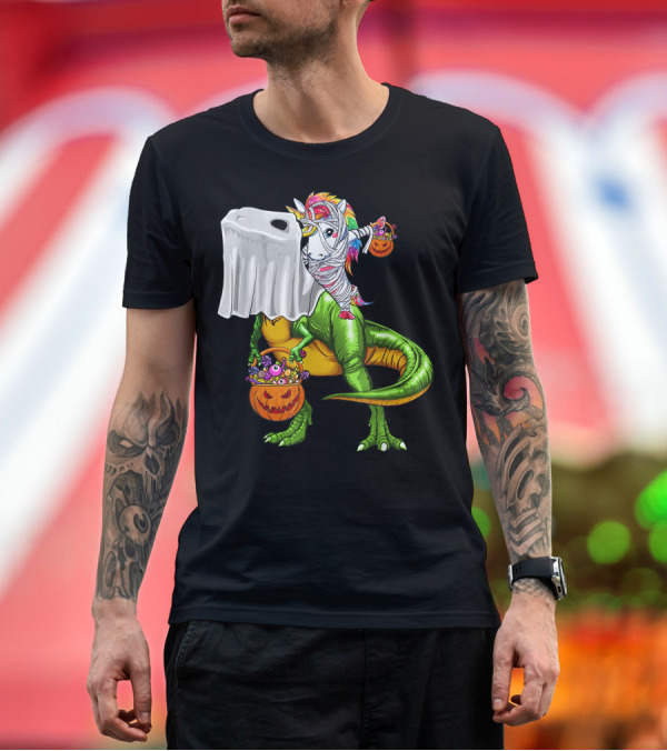 Premium T-Shirt: Funny Boo Dinosaur Mummy Unicorn Carrying Pumpkin Halloween T-Shirt Funny Boo Dinosaur Mummy Unicorn Carrying Pumpkin Halloween T-Shirt