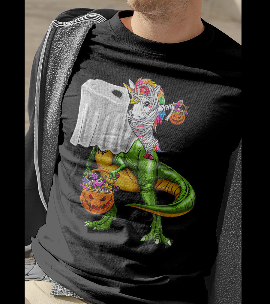 Funny Boo Dinosaur Mummy Unicorn Carrying Pumpkin Halloween T-Shirt