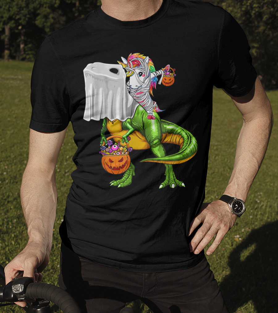 Funny Boo Dinosaur Mummy Unicorn Carrying Pumpkin Halloween T-Shirt