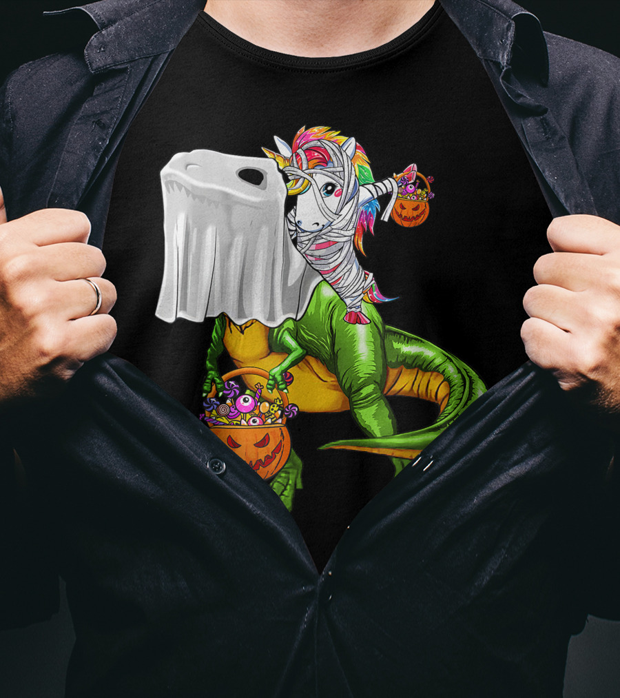 Funny Boo Dinosaur Mummy Unicorn Carrying Pumpkin Halloween T-Shirt