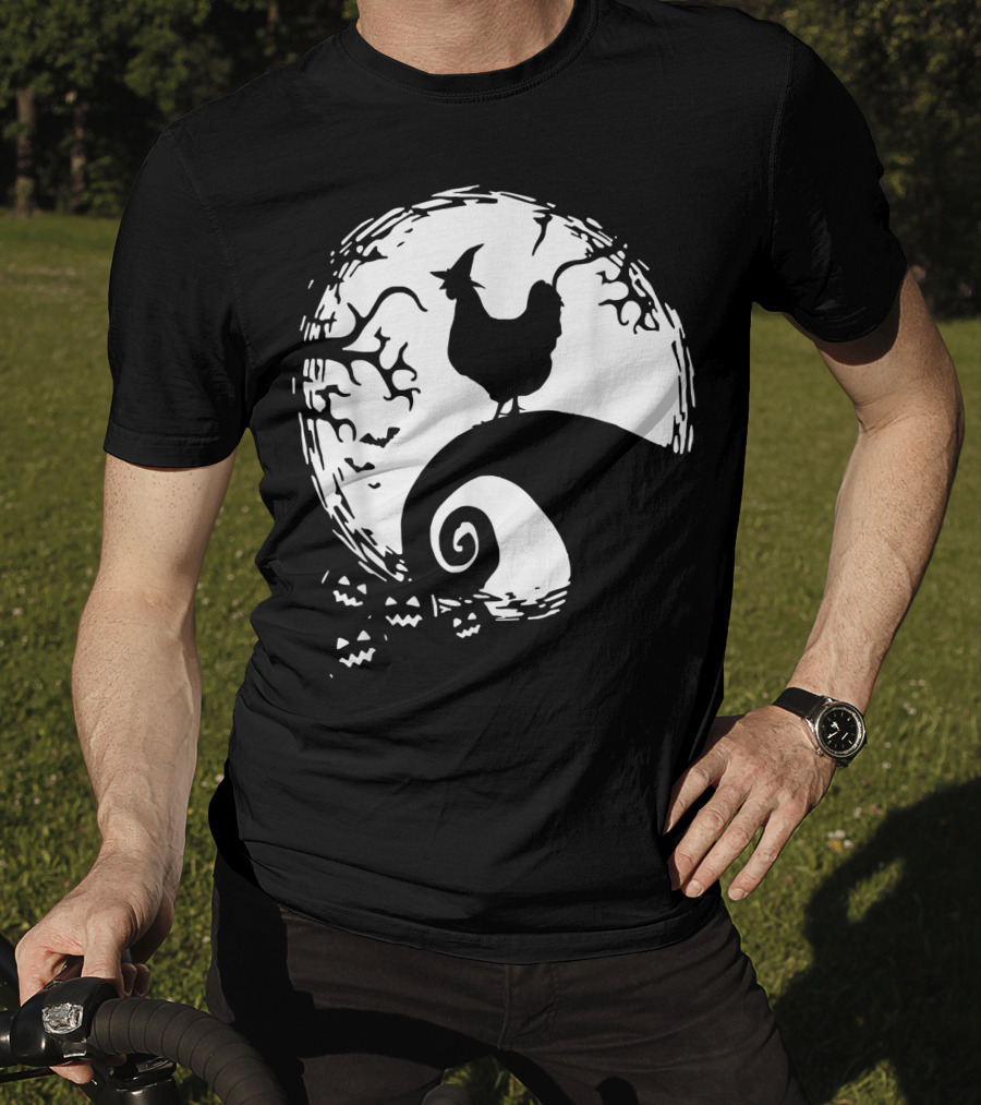 Funny Chicken Halloween Moon Pumpkin Nightmare Hill Scene T-Shirt