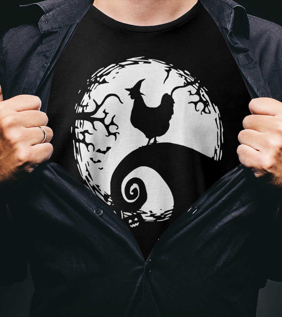 Funny Chicken Halloween Moon Pumpkin Nightmare Hill Scene T-Shirt