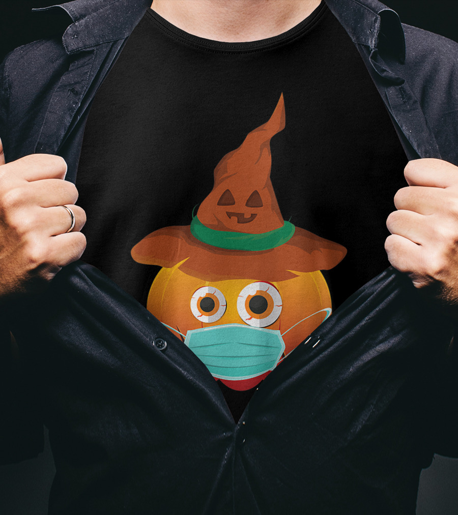 Funny Pumpkin Mask Witch Hat Costume T-Shirt